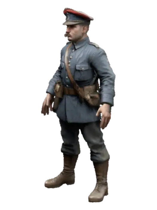 realistic, highly detailed, WW1 French soldier, no gun, A-Pose, T-Pose 3D model, vytvořený pomocí AI