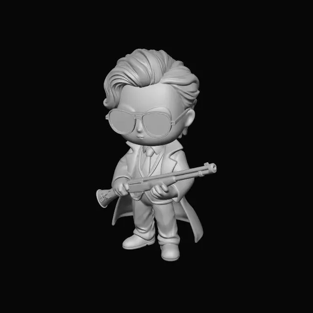 3D model for A chibi-style 3D vinyl figure of Zeno, characterized by his large head with grey, wavy hair and a distinct, raised scar detail on his left temple. He sports elegant gold-rimmed sunglasses with opaque black lenses. The figure is clad in a crisp white suit, comprising a jacket, vest, and trousers, paired with a dark black shirt and tie. A flowing black trench coat is draped over his shoulders. He firmly grips a highly detailed, vintage-style silver shotgun with ornate gold filigree. The model exhibits a clean, smooth plastic texture with subtle reflections.