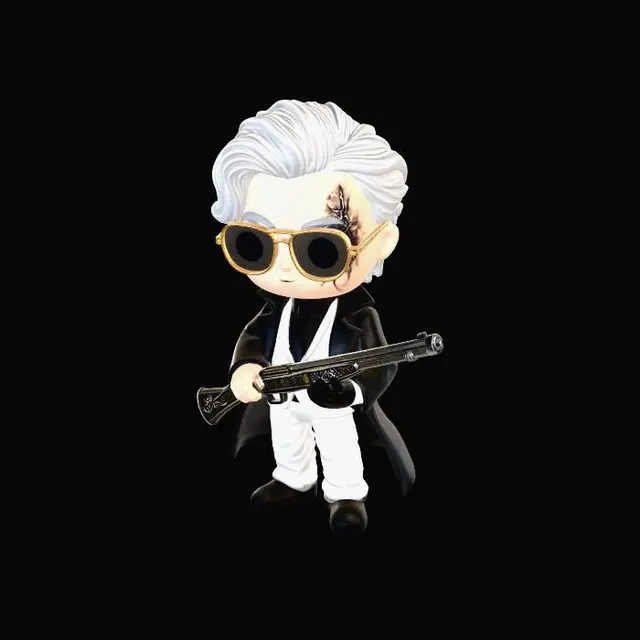 3D model for A chibi-style 3D vinyl figure of Zeno, characterized by his large head with grey, wavy hair and a distinct, raised scar detail on his left temple. He sports elegant gold-rimmed sunglasses with opaque black lenses. The figure is clad in a crisp white suit, comprising a jacket, vest, and trousers, paired with a dark black shirt and tie. A flowing black trench coat is draped over his shoulders. He firmly grips a highly detailed, vintage-style silver shotgun with ornate gold filigree. The model exhibits a clean, smooth plastic texture with subtle reflections.
