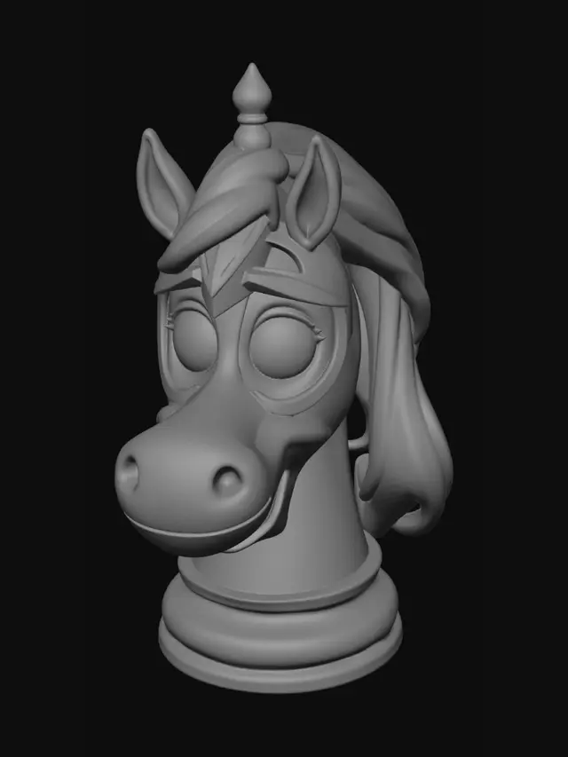3D model for i want to create a 3d chess piece (knight) that is in a funny cartoon look and has a crazy horse face. I wanna print it afterwards with my 3d printer