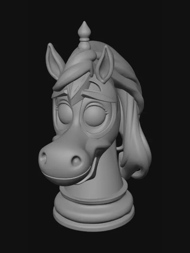 3D model for i want to create a 3d chess piece (knight) that is in a funny cartoon look and has a crazy horse face. I wanna print it afterwards with my 3d printer