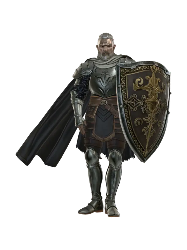 3D model for A proud medieval knight standing on a rock, wearing full plate armor, a flowing cape, and holding a large shield. Heroic pose, confident stance, detailed steel armor with realistic scratches and engraved details, elegant long cape moving in the wind, strong and noble appearance. High detail, fantasy realism, full body, centered composition, suitable for 3D model generation.