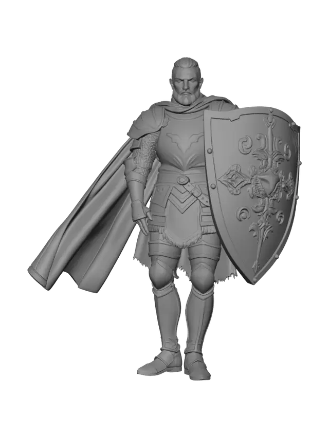 3D model for A proud medieval knight standing on a rock, wearing full plate armor, a flowing cape, and holding a large shield. Heroic pose, confident stance, detailed steel armor with realistic scratches and engraved details, elegant long cape moving in the wind, strong and noble appearance. High detail, fantasy realism, full body, centered composition, suitable for 3D model generation.
