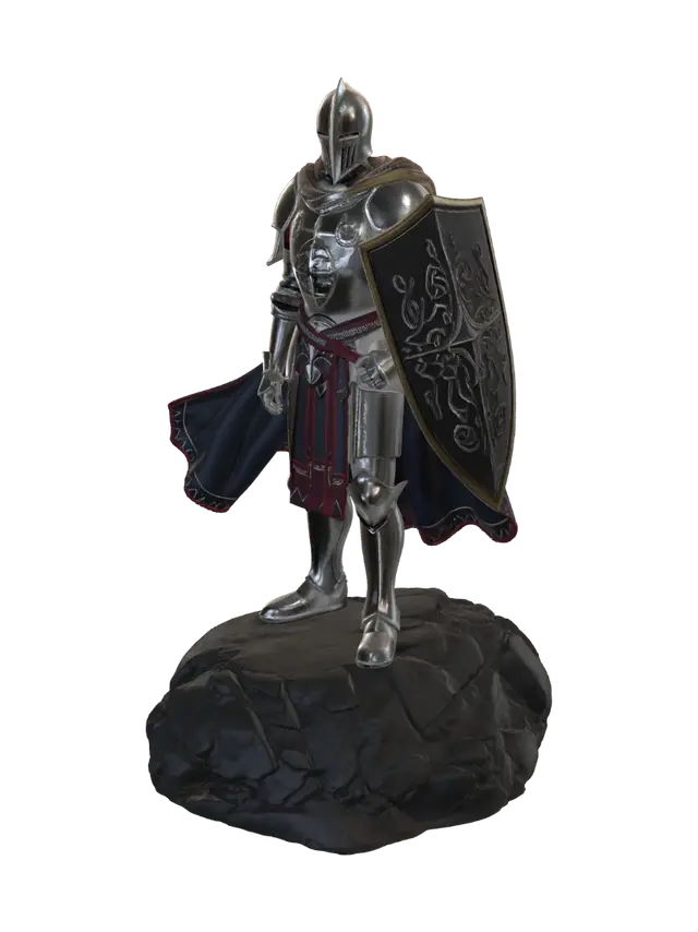 3D model for A heroic medieval knight in full plate armor, standing proudly on top of a rock, wearing a long flowing cape and carrying a large shield. Confident and noble pose, highly detailed armor with engraved metal, realistic proportions, fantasy realism, dramatic and majestic appearance, full body, clean silhouette, suitable for a high-quality 3D model.