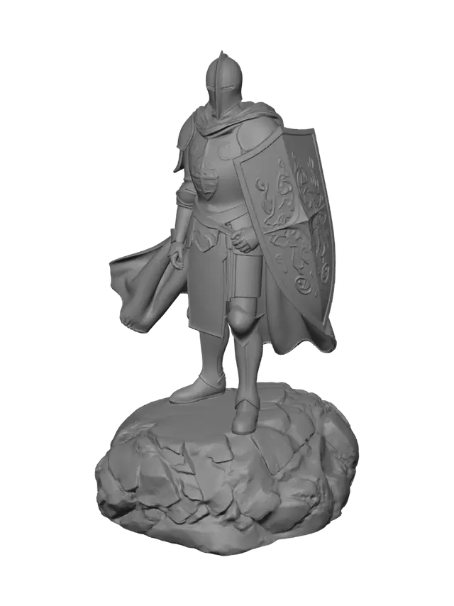 3D model for A heroic medieval knight in full plate armor, standing proudly on top of a rock, wearing a long flowing cape and carrying a large shield. Confident and noble pose, highly detailed armor with engraved metal, realistic proportions, fantasy realism, dramatic and majestic appearance, full body, clean silhouette, suitable for a high-quality 3D model.