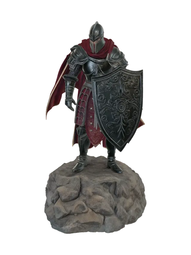 3D model for A heroic medieval knight in full plate armor, standing proudly on top of a rock, wearing a long flowing cape and carrying a large shield. Confident and noble pose, highly detailed armor with engraved metal, realistic proportions, fantasy realism, dramatic and majestic appearance, full body, suitable for a high-quality 3D model.