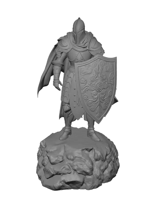 3D model for A heroic medieval knight in full plate armor, standing proudly on top of a rock, wearing a long flowing cape and carrying a large shield. Confident and noble pose, highly detailed armor with engraved metal, realistic proportions, fantasy realism, dramatic and majestic appearance, full body, suitable for a high-quality 3D model.