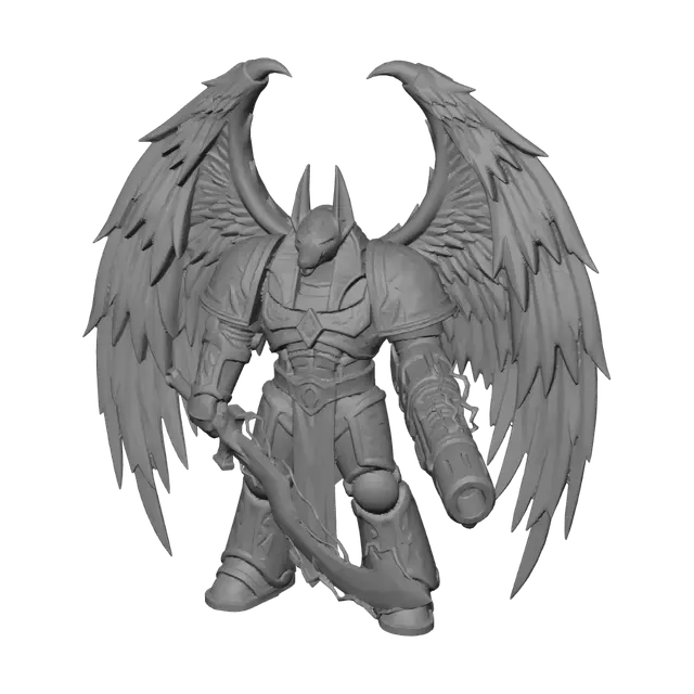 3D model for orthographic straight front view full body, massive grimdark sci-fi daemon prince, giant feathered organic wings, wearing ornate egyptian power armour, glowing runic blue markings, sharp gold trim holding a massive khopesh sword in one hand, the other hand is a eldritch infused cannon, solid flat white background, hyper-detaild high contrast vector art.