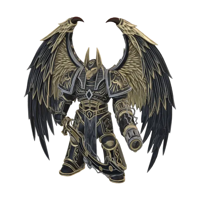 3D model for orthographic straight front view full body, massive grimdark sci-fi daemon prince, giant feathered organic wings, wearing ornate egyptian power armour, glowing runic blue markings, sharp gold trim holding a massive khopesh sword in one hand, the other hand is a eldritch infused cannon, solid flat white background, hyper-detaild high contrast vector art.