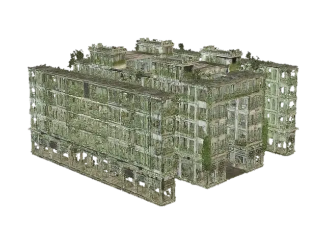 create a ruined city blocks in a post apoc way with a huge gap between flyover… - Collapse 3D model, vytvořený pomocí AI