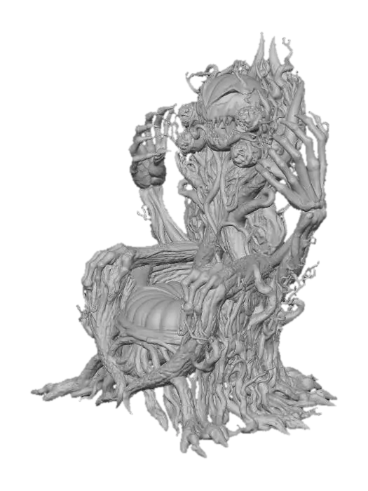 3D model for Throne gothic chair with arms that can grasp you made from  pumpkins and dark wood with  gold gilding in places around the throne