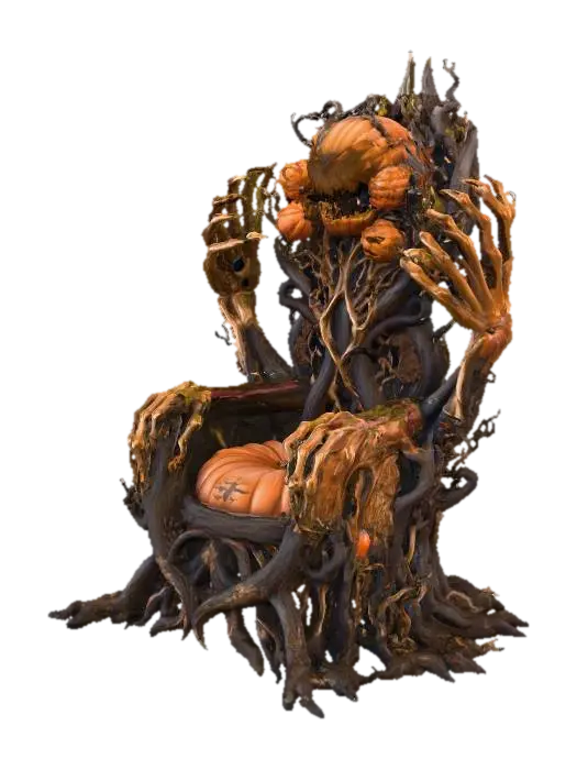 3D model for Throne gothic chair with arms that can grasp you made from  pumpkins and dark wood with  gold gilding in places around the throne
