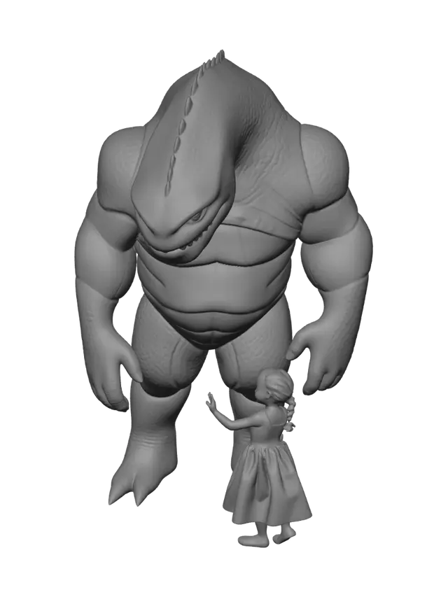 3D model for big hulking looking creature with a heart of gold holding hands with a little girl
