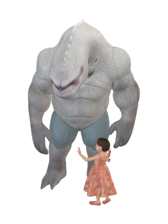 3D model for big hulking looking creature with a heart of gold holding hands with a little girl