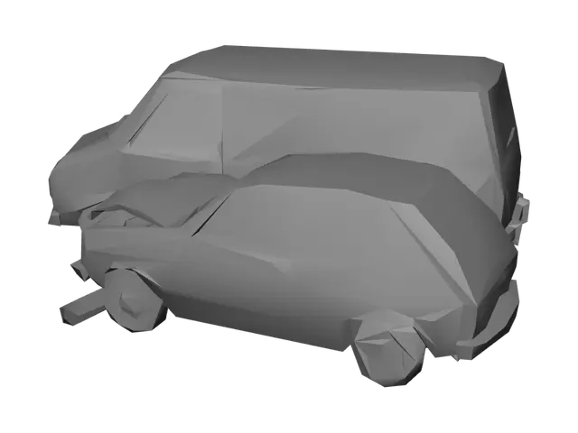 3D model for Using the same hand-painted PBR post-apocalyptic wasteland game asset style, art direction, color palette, lighting, and neutral studio background as the reference images, generate a two-vehicle head-on collision scene: the mustard yellow hatchback and the faded white postal van crashed nose-to-nose into each other, both front ends severely crumpled and locked together, hoods buckled upward, shattered windshields, torn bumpers, debris scattered between them, realistic proportions, strong clean readable silhouette of the combined wreck, three-quarter isometric view, single isolated scene, plain neutral studio background, even studio lighting, product render style