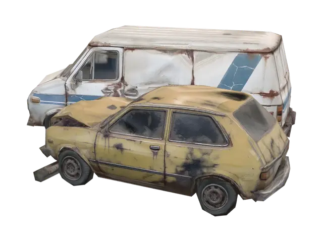 3D model for Using the same hand-painted PBR post-apocalyptic wasteland game asset style, art direction, color palette, lighting, and neutral studio background as the reference images, generate a two-vehicle head-on collision scene: the mustard yellow hatchback and the faded white postal van crashed nose-to-nose into each other, both front ends severely crumpled and locked together, hoods buckled upward, shattered windshields, torn bumpers, debris scattered between them, realistic proportions, strong clean readable silhouette of the combined wreck, three-quarter isometric view, single isolated scene, plain neutral studio background, even studio lighting, product render style