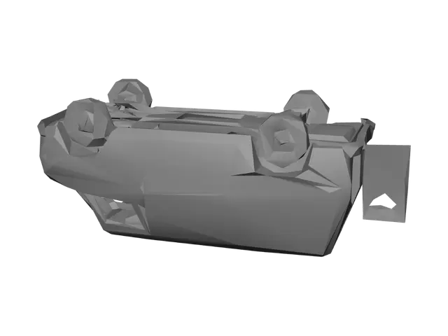 3D model for Using the same hand-painted PBR post-apocalyptic wasteland game asset style, art direction, color palette, lighting, and neutral studio background as the reference image, generate a crashed version of this faded maroon-red cargo van: flipped completely upside down on its crushed roof, roof severely caved in and flattened, wheels pointing up in the air, doors popped open, shattered windows, dented panels, realistic proportions, strong clean readable silhouette, three-quarter isometric view, single isolated object, plain neutral studio background, even studio lighting, product render style