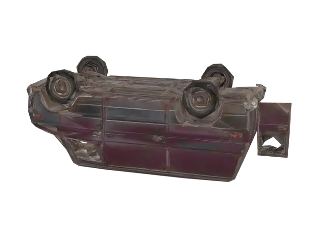 3D model for Using the same hand-painted PBR post-apocalyptic wasteland game asset style, art direction, color palette, lighting, and neutral studio background as the reference image, generate a crashed version of this faded maroon-red cargo van: flipped completely upside down on its crushed roof, roof severely caved in and flattened, wheels pointing up in the air, doors popped open, shattered windows, dented panels, realistic proportions, strong clean readable silhouette, three-quarter isometric view, single isolated object, plain neutral studio background, even studio lighting, product render style