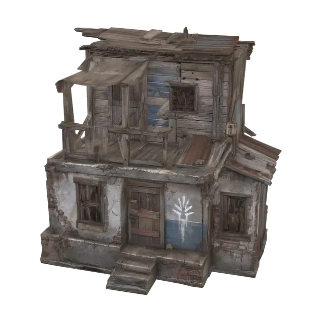 Stylized post-apocalyptic wasteland game asset: an asymmetrical two-story frontier… 3D model, vytvořený pomocí AI