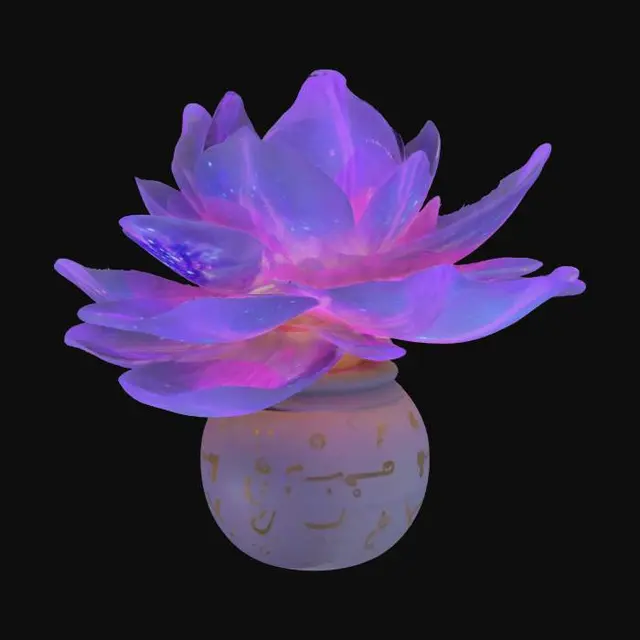 3D model for #garden#, A cosmic-flower with swirling galaxies in each petal. Soft purples and blues with ethereal glow. Stylized magical runes orbit around it. Planted in a floating pot suspended by arcane energy.
