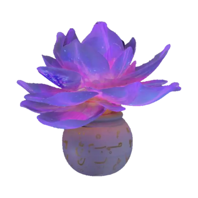 3D model for #garden#, A cosmic-flower with swirling galaxies in each petal. Soft purples and blues with ethereal glow. Stylized magical runes orbit around it. Planted in a floating pot suspended by arcane energy.
