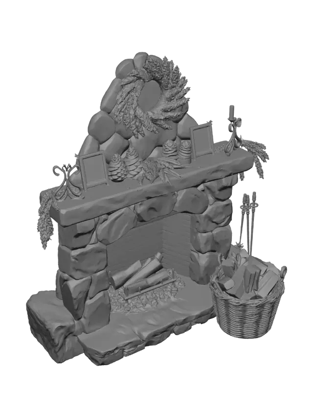 3D model for Lavender Wreath Over a Rustic Stone Fireplace