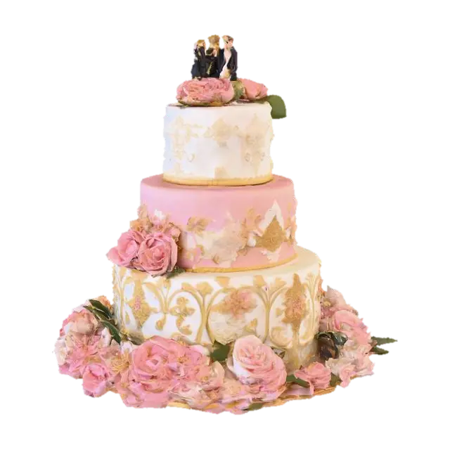 A 3 level wedding cake highly decorated in pastel colors with gold pillar… - Cakeart 3D model, vytvořený pomocí AI