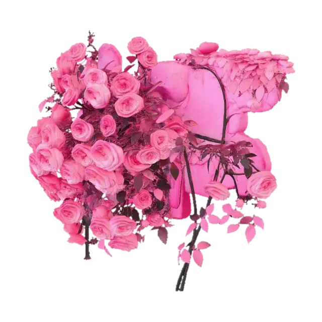 pink rose vines crawling up the wall of a ruins in full bloom - Overgrowth 3D model, vytvořený pomocí AI