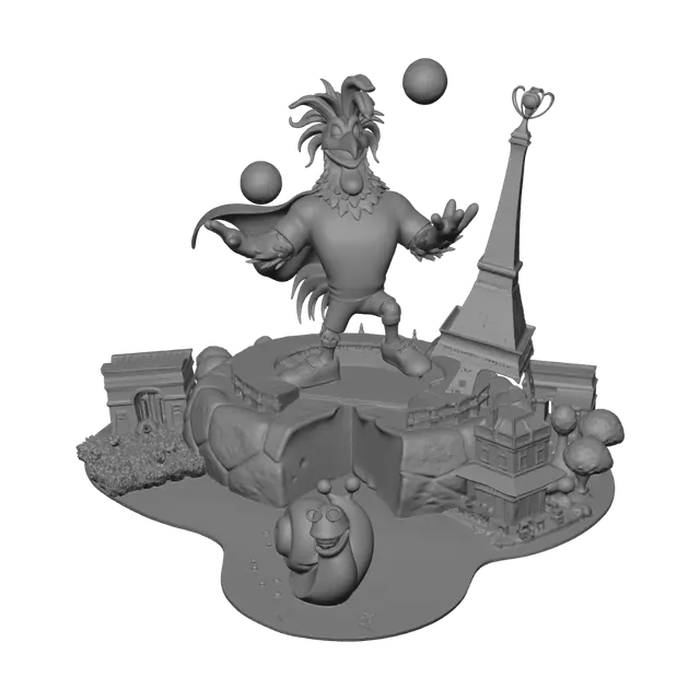 3D model for WORLD CUP NATION PRIDE CHALLENGE – FRANCE
A crazy, over-the-top French rooster mascot standing triumphantly on top of a giant wheel of Camembert cheese shaped like a football stadium.
The rooster is muscular, cartoonish, and full of personality, wearing a blue-white-red football jersey, oversized football boots, and a flowing French flag cape. He has wild feathers, a huge mischievous grin, and is juggling baguettes, croissants, and footballs in the air.
Behind him rises a stylized Eiffel Tower transformed into a football trophy. Around the base are iconic French landmarks blended together into a playful fantasy scene: Arc de Triomphe, Mont Saint-Michel, lavender fields of Provence, and Parisian cafés.
The mascot rides a giant escargot racing across a football pitch while spraying confe