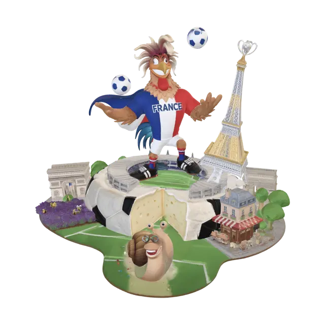 3D model for WORLD CUP NATION PRIDE CHALLENGE – FRANCE
A crazy, over-the-top French rooster mascot standing triumphantly on top of a giant wheel of Camembert cheese shaped like a football stadium.
The rooster is muscular, cartoonish, and full of personality, wearing a blue-white-red football jersey, oversized football boots, and a flowing French flag cape. He has wild feathers, a huge mischievous grin, and is juggling baguettes, croissants, and footballs in the air.
Behind him rises a stylized Eiffel Tower transformed into a football trophy. Around the base are iconic French landmarks blended together into a playful fantasy scene: Arc de Triomphe, Mont Saint-Michel, lavender fields of Provence, and Parisian cafés.
The mascot rides a giant escargot racing across a football pitch while spraying confe