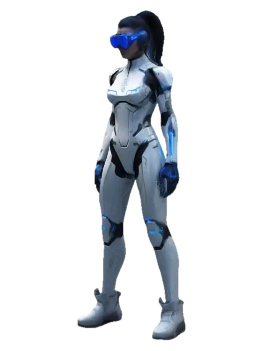 Cyberpunk-stylized female enforcer, wearing form-fitting advanced armor. AR visor,… 3D model, vytvořený pomocí AI