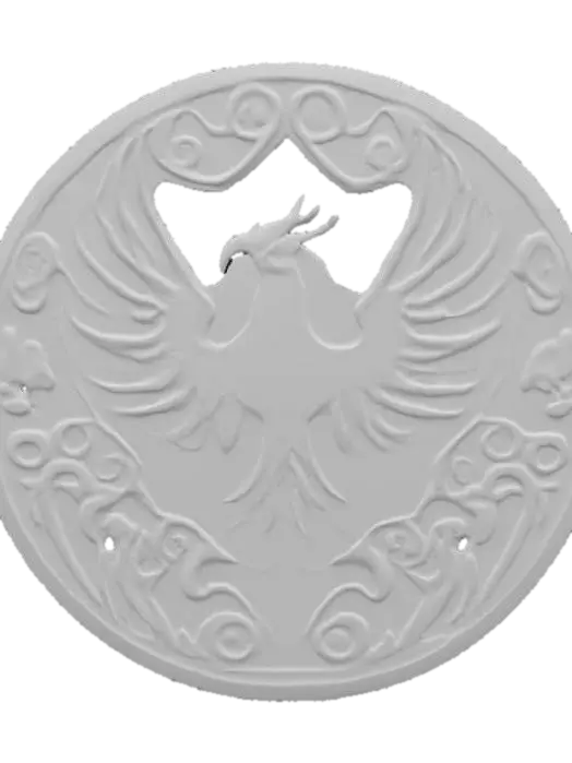 3D model for A magical fantasy emblem forged from dark obsidian and glowing crimson crystal, shaped like a fiery phoenix in mid-flight with outstretched wings forming a symmetrical crest. The surface is etched with ancient flame runes, softly pulsating with a red-orange glow. The center holds a levitating ember orb, radiating magical heat. Designed as a sacred relic of a fire-wielding order, it symbolizes rebirth, destruction, and inner power. The textures blend molten lava veins with metallic accents, in a semi-realistic 3D stylized style, ready for 3D modeling and animation workflows. , #emblem#