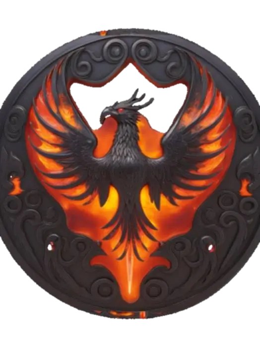 3D model for A magical fantasy emblem forged from dark obsidian and glowing crimson crystal, shaped like a fiery phoenix in mid-flight with outstretched wings forming a symmetrical crest. The surface is etched with ancient flame runes, softly pulsating with a red-orange glow. The center holds a levitating ember orb, radiating magical heat. Designed as a sacred relic of a fire-wielding order, it symbolizes rebirth, destruction, and inner power. The textures blend molten lava veins with metallic accents, in a semi-realistic 3D stylized style, ready for 3D modeling and animation workflows. , #emblem#