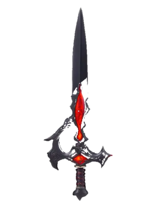 3D model for A mythological sword designed in the shape of a dick symbol, forged from dark obsidian metal with a glossy surface and crimson glowing veins along the blade. The hilt is sculpted to resemble anatomically explicit shapes dick, complete with engraved runes and textured leather wrapping. The guard features curved, horn-like extensions for dramatic effect, and the pommel ends in a spherical gem with a red pulsating glow. This weapon is rooted in ancient cult symbolism, standing upright as if embedded in stone, representing forbidden power and dark rituals. Designed in a semi-realistic 3D stylized style