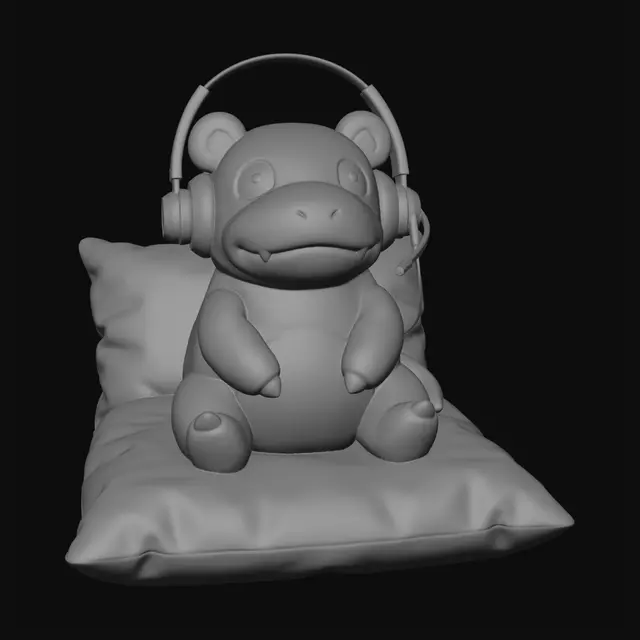 3D model for Плюшевый розовый покемон Слоупок изображен сидящим на мягкой подушке, его гладкая, мультяшная кожа отчетливо видна. На голове Слоупока плотно сидит черная телефонная гарнитура с медными акцентами, мягкими амбушюрами и выдвижным микрофоном, точно соответствующая представленному образцу Plantronics. Выражение его лица дружелюбное, передающее расслабленное, но внимательное состояние, готовое отвечать на звонки технической поддержки.