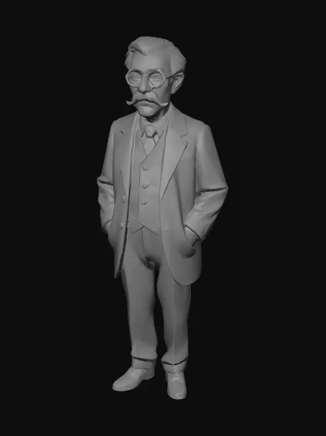 3D model for Standing elderly scientist figurine, early 1900s suit, glasses, mustache, formal pose, realistic 3D printable statue, hands at sides