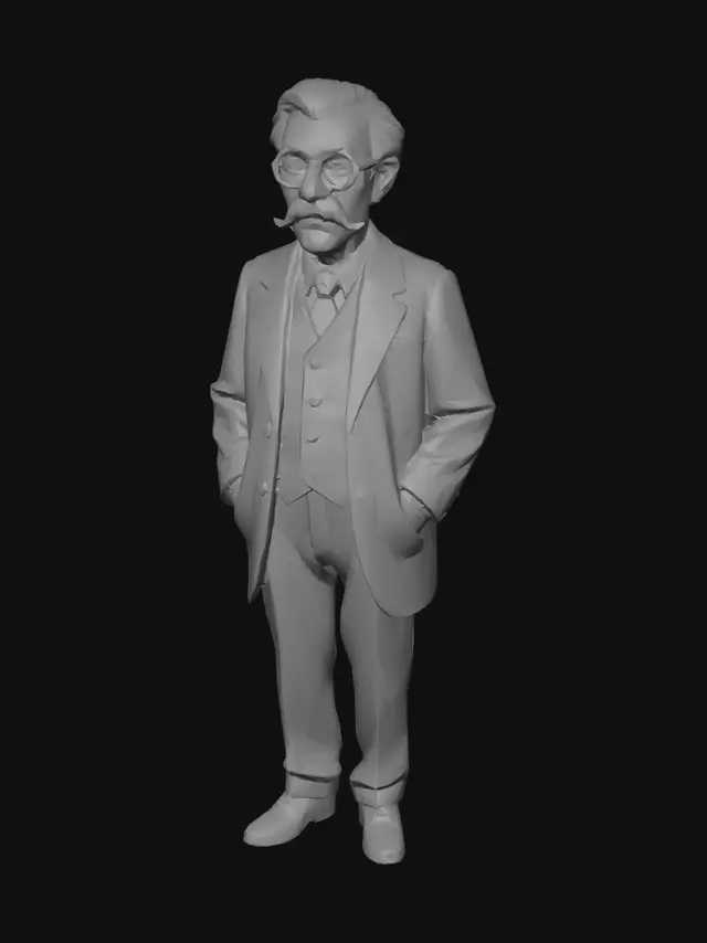 3D model for Standing elderly scientist figurine, early 1900s suit, glasses, mustache, formal pose, realistic 3D printable statue, hands at sides