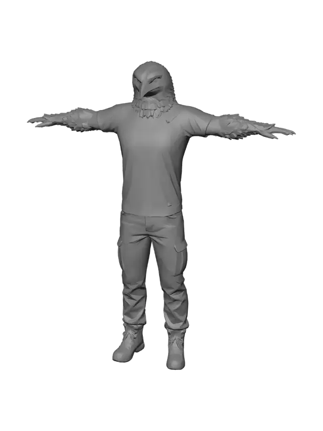 3D model for T-pose eagle-man red eyes from drinking, cunning smile. I the t-shirt text: I love Kotka. Fullbody figure.