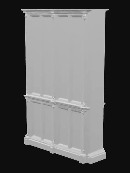 3D model for A modular 17th-century paneled wall section is crafted from aged, dark oak, exhibiting a deep, reddish-brown hue and a finely polished, smooth surface. Each rectangular panel, typically framed by raised, molded stiles and rails, feels solid and weighty. The wood grain is subtle yet discernible, giving a fine, almost satiny texture. Some sections might feature carved rosettes or fluting, adding a detailed, tactile dimension to the otherwise flat, geometric surface.