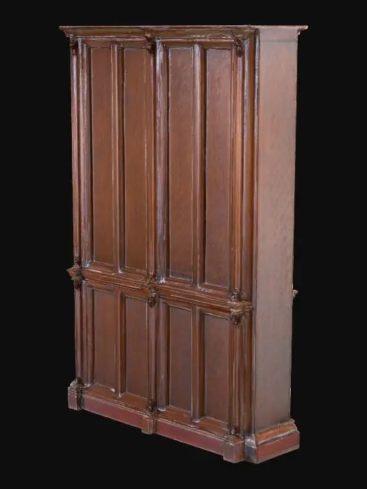 3D model for A modular 17th-century paneled wall section is crafted from aged, dark oak, exhibiting a deep, reddish-brown hue and a finely polished, smooth surface. Each rectangular panel, typically framed by raised, molded stiles and rails, feels solid and weighty. The wood grain is subtle yet discernible, giving a fine, almost satiny texture. Some sections might feature carved rosettes or fluting, adding a detailed, tactile dimension to the otherwise flat, geometric surface.