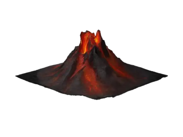 active volcano with a conical shape, wide base, and steep slopes. Include a jagged… 3D model, vytvořený pomocí AI