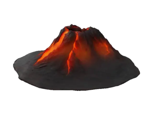active volcano with a conical shape, wide base, and steep slopes. Include a jagged… 3D model, vytvořený pomocí AI