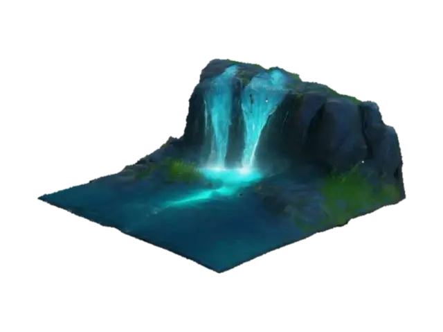 A waterfall on a tall hill, full of rocks and grass blue water falls from the river… 3D model, vytvořený pomocí AI