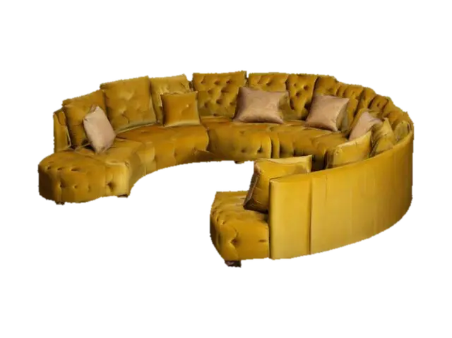 A luxurious Claunch 11-piece round velvet sofa in a rich, retro 1970s color palette,… 3D model, vytvořený pomocí AI