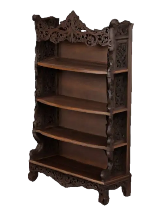dark brown ornate wooden shelf, four tier 3D model, vytvořený pomocí AI