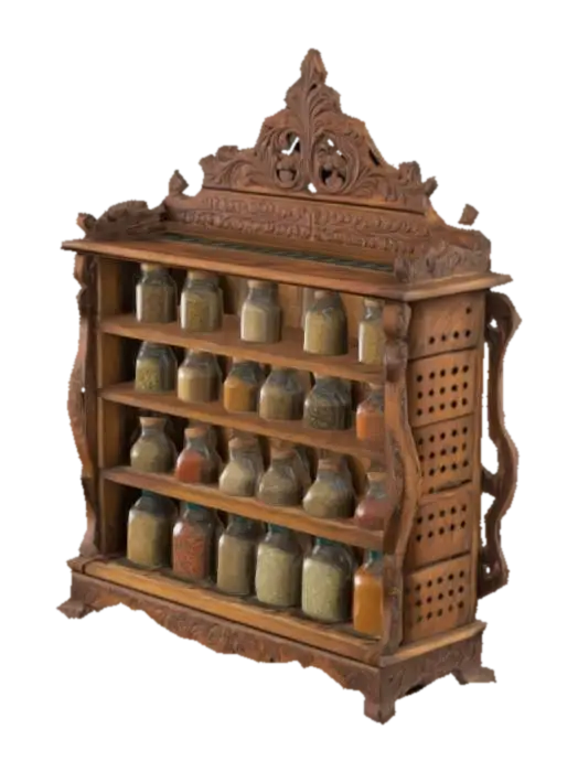 antique ornate wooden spice rack 3D model, vytvořený pomocí AI
