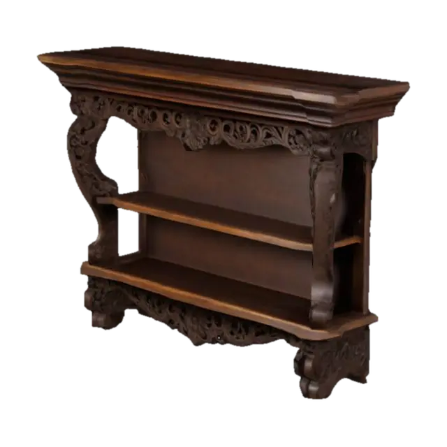 dark brown ornate wooden shelf, four tier 3D model, vytvořený pomocí AI