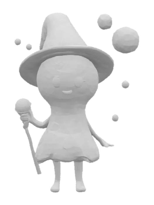 3D model for A cute cartoon-style bubble mage made of jelly, with a big wizard hat, glowing bubbles inside its body, and short arms and legs. Holding a magical bubble wand staff. Soft colors, shiny highlights, toon shading, clean lines, and a fun, animated look.