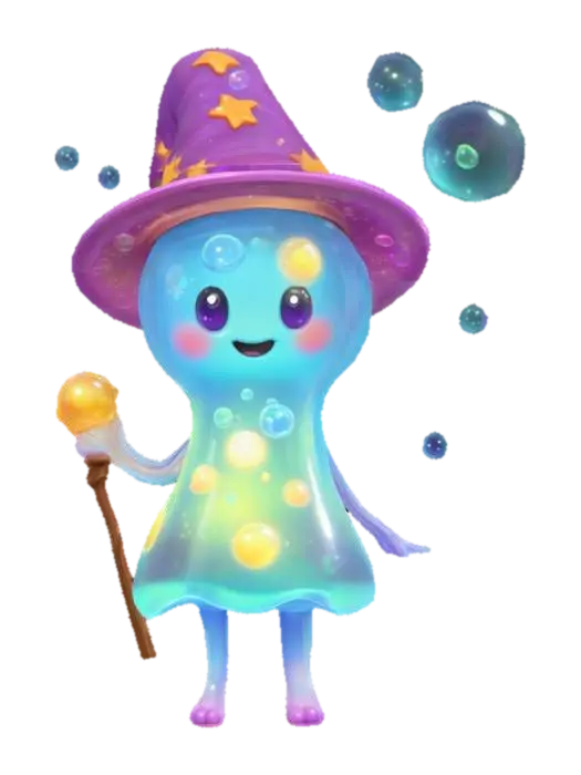 3D model for A cute cartoon-style bubble mage made of jelly, with a big wizard hat, glowing bubbles inside its body, and short arms and legs. Holding a magical bubble wand staff. Soft colors, shiny highlights, toon shading, clean lines, and a fun, animated look.