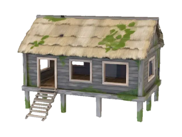 Make a minimal fisherman's cabin bungalow that has an open doorway and open windows… - Shed 3D model, vytvořený pomocí AI